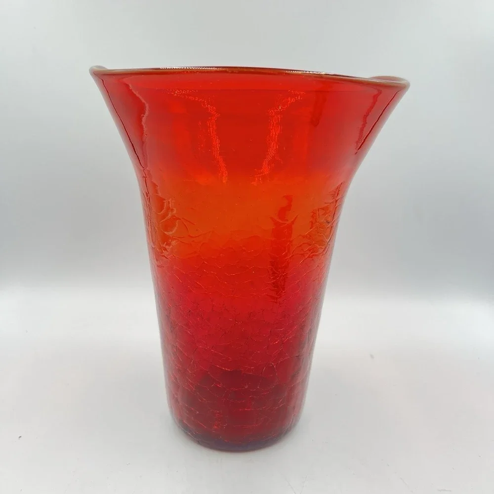 Kanawha Glass‎ Amberina Crackle Vase Flared Rim UV Glow MCM WV Art Glass VTG